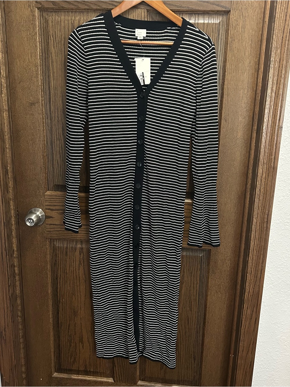 a new day Black and White Striped Long Sleeve Button-Front Dress